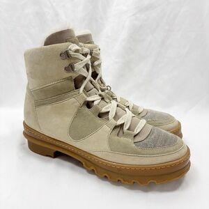 Brunello Cucinelli Suede Metallic Shearling Lined Lace Up Boots Cream EU 40.5